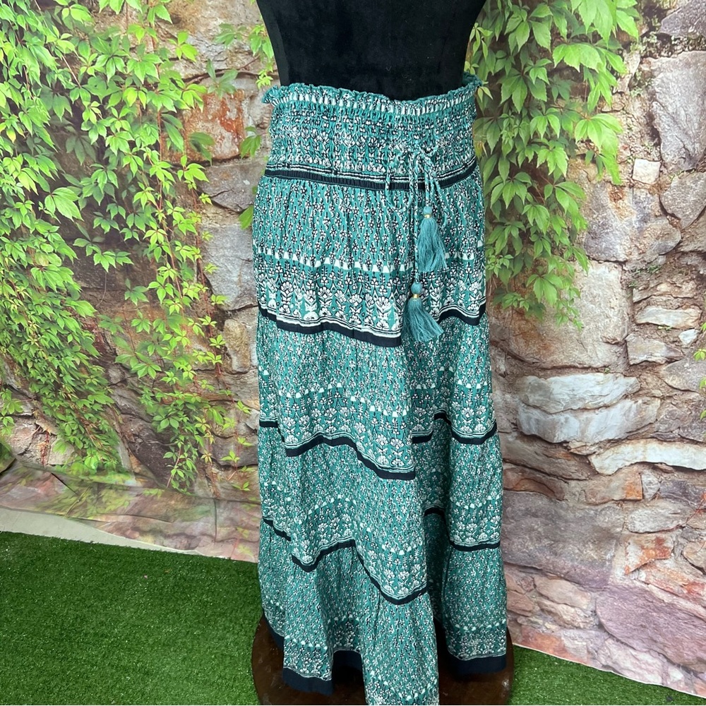 M.A.B.E. Mari Boho Patterned Green Shirred Maxi Skirt, M - Picture 11 of 16